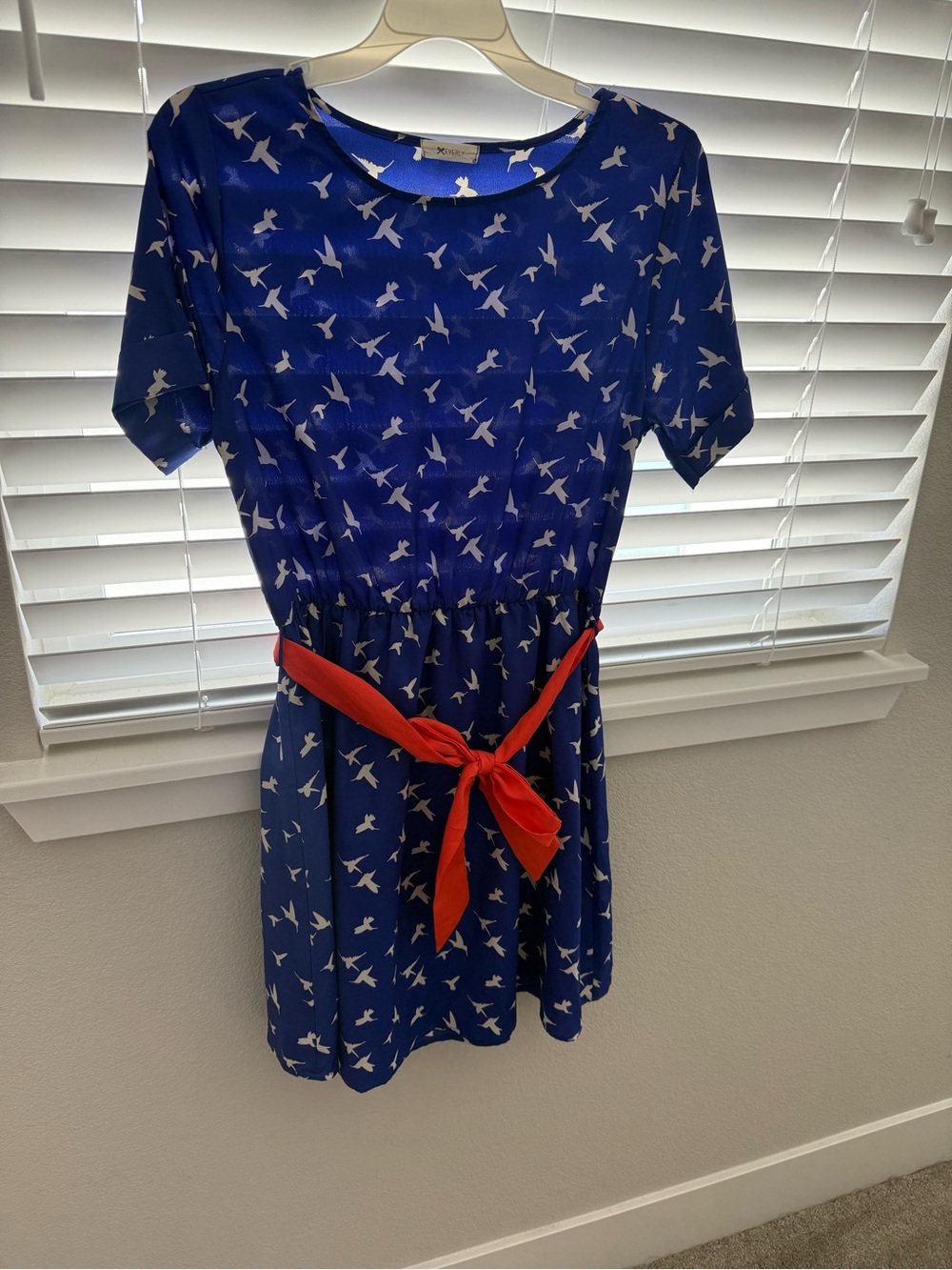 Navy Blue Bird Print Dress with Red Sash